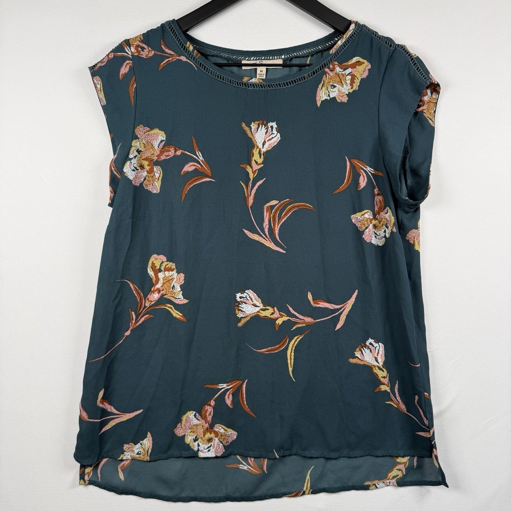 Les Serein Women's Tara Lattice Trim Floral Blouse Boho Green Medium